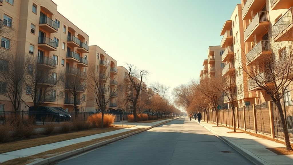 Quartier urbain écrasé par la chaleur avec arbres secs et lumière dure pendant une canicule