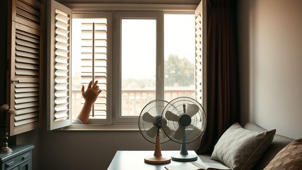 Mains fermant des volets et ouvrant une fenêtre dans un appartement pendant une canicule