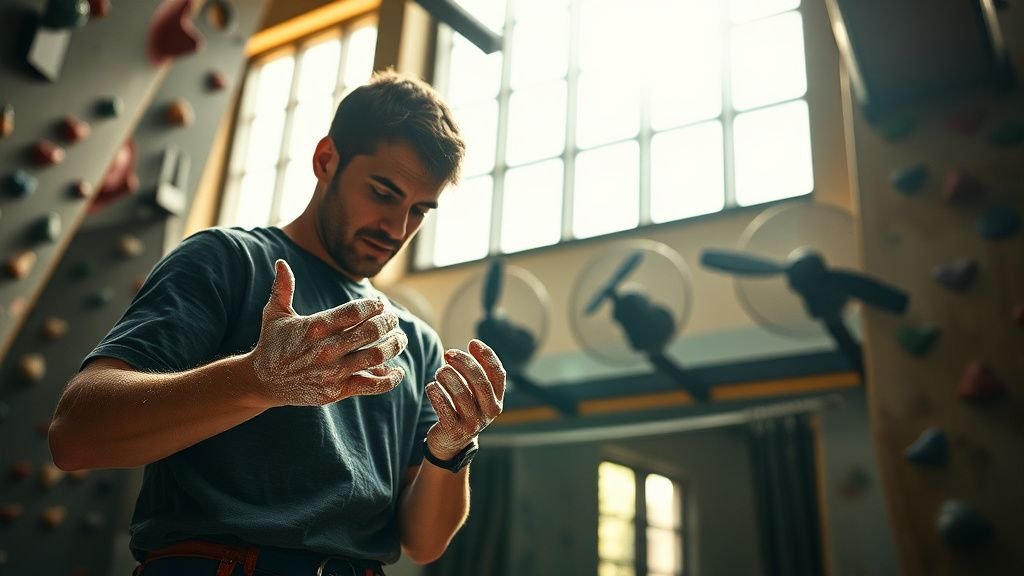 Salle d’escalade intérieure en pleine chaleur, grimpeur et salarié dans une ambiance étouffante