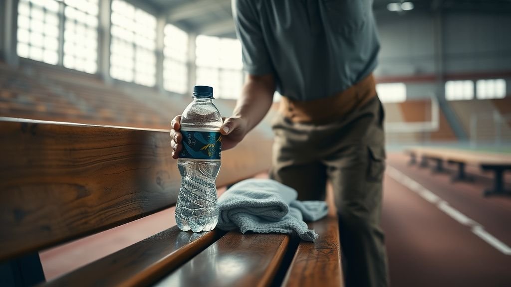 Main déposant une bouteille d’eau et une serviette dans une salle de sport surchauffée