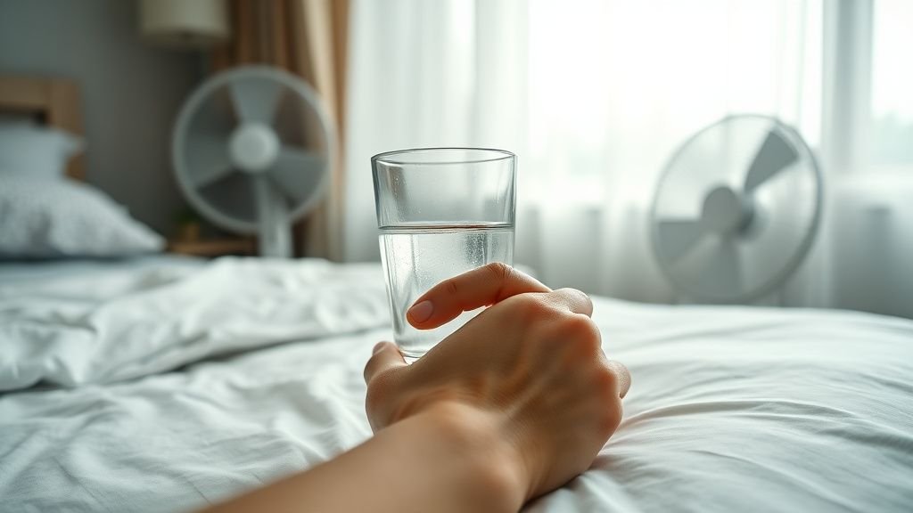 Mains posant un verre d’eau dans une chambre fraîche pendant une vague de chaleur