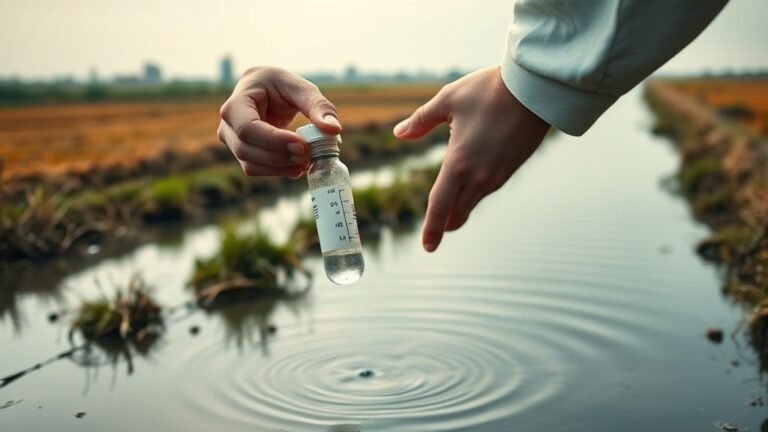 Mains tenant un flacon d’échantillonnage près d’un cours d’eau rural sous lumière naturelle