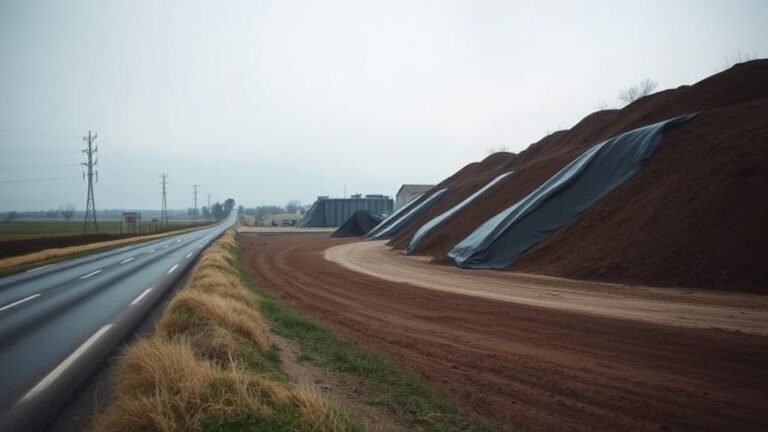 Bâches noires couvrant des terres dépolluées près d’une route sous un ciel gris