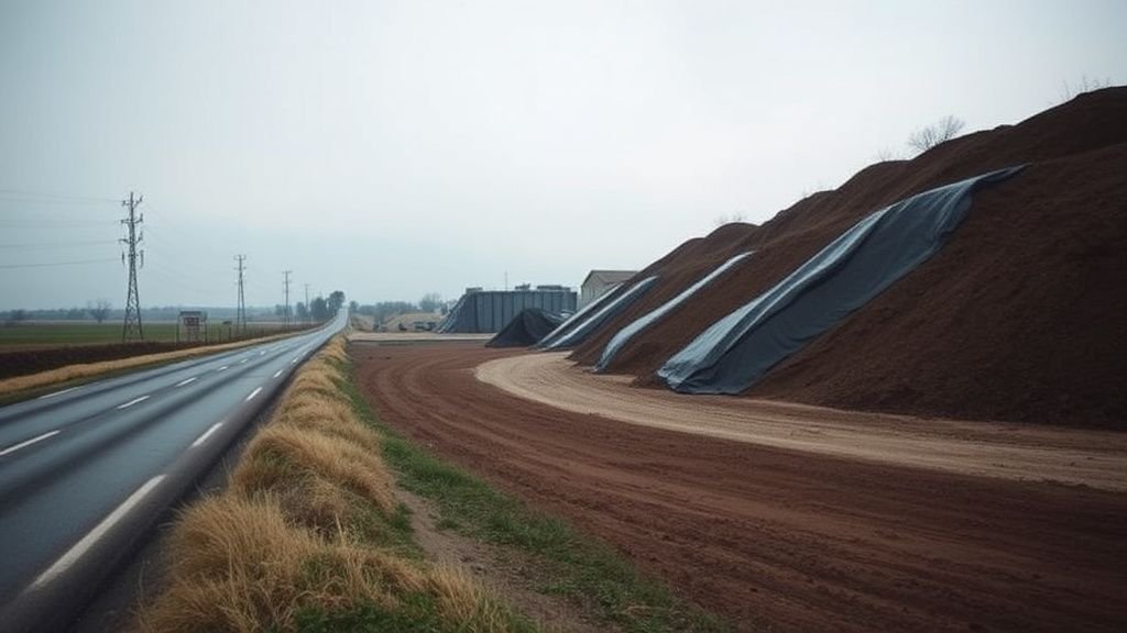 Bâches noires couvrant des terres dépolluées près d’une route sous un ciel gris