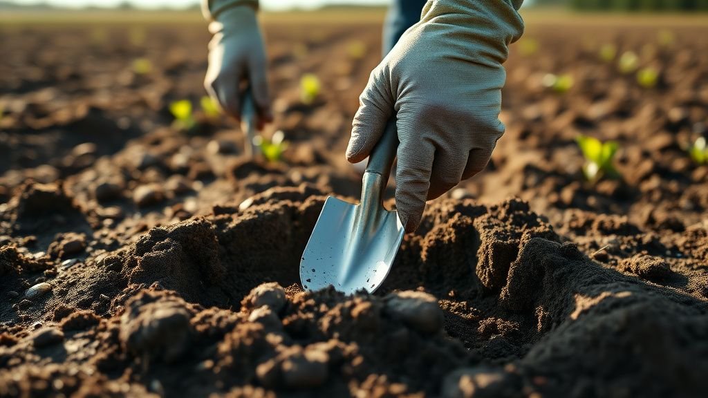 Mains gantées prélevant un échantillon de sol dans une terre nue sous lumière naturelle