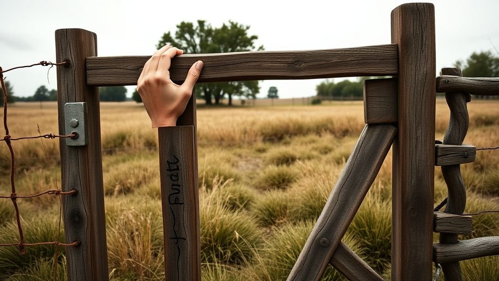 Mains ouvrant un petit portail en bois dans un paysage rural verdoyant