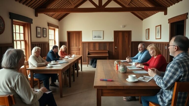 Réunion discrète dans une salle de village autour des enjeux d’écologie politique à la campagne