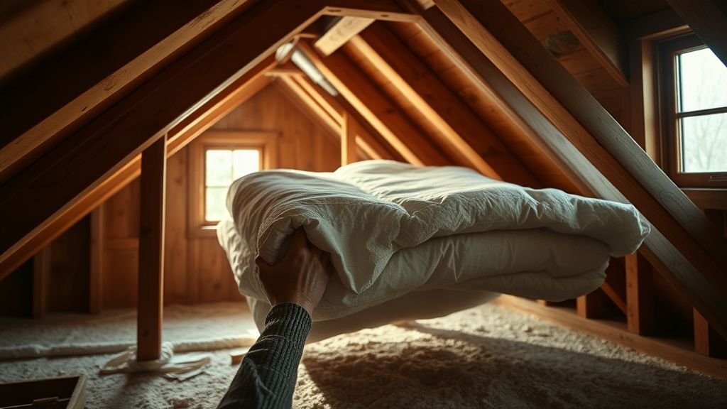 Mains installant une isolation dans des combles d’une maison rurale sous lumière naturelle