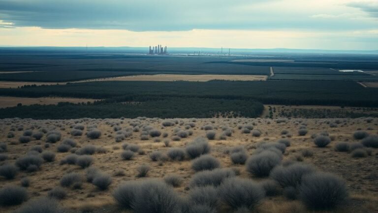Paysage américain contrasté entre nature vaste et traces industrielles, en lumière naturelle