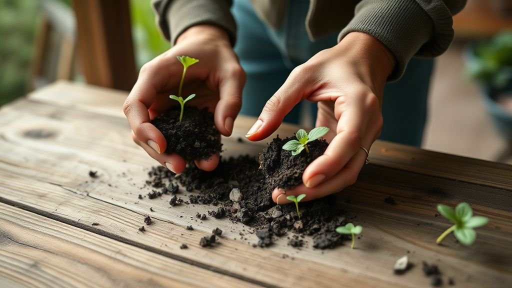 Mains observant un sol et de jeunes plantes sur une table en bois, en lumière naturelle