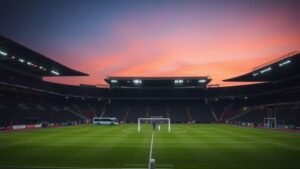 Stade de football au crépuscule avec bus au loin et gradins presque vides