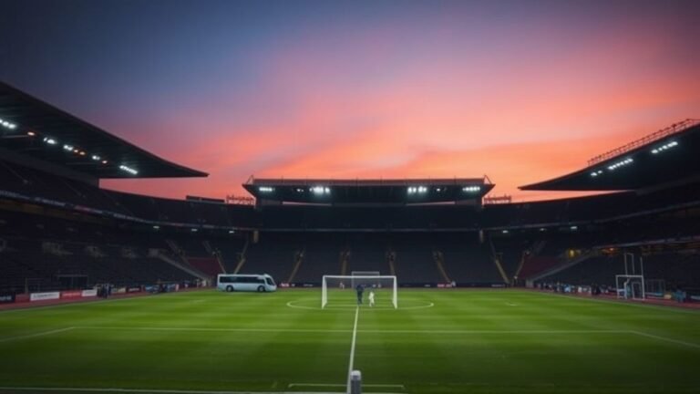 Stade de football au crépuscule avec bus au loin et gradins presque vides