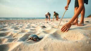Bénévoles vérifiant des traces de nids de tortues sur une plage de sable à la lumière du matin