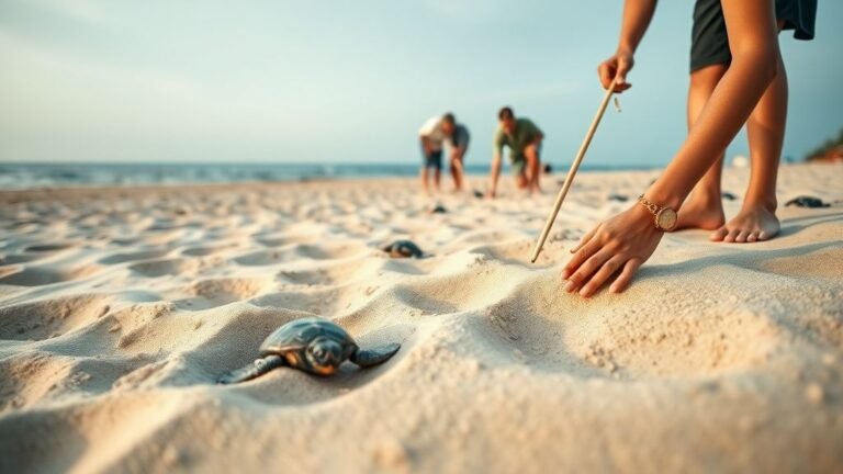 Bénévoles vérifiant des traces de nids de tortues sur une plage de sable à la lumière du matin