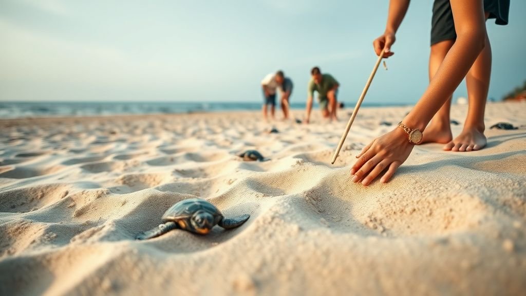 Bénévoles vérifiant des traces de nids de tortues sur une plage de sable à la lumière du matin