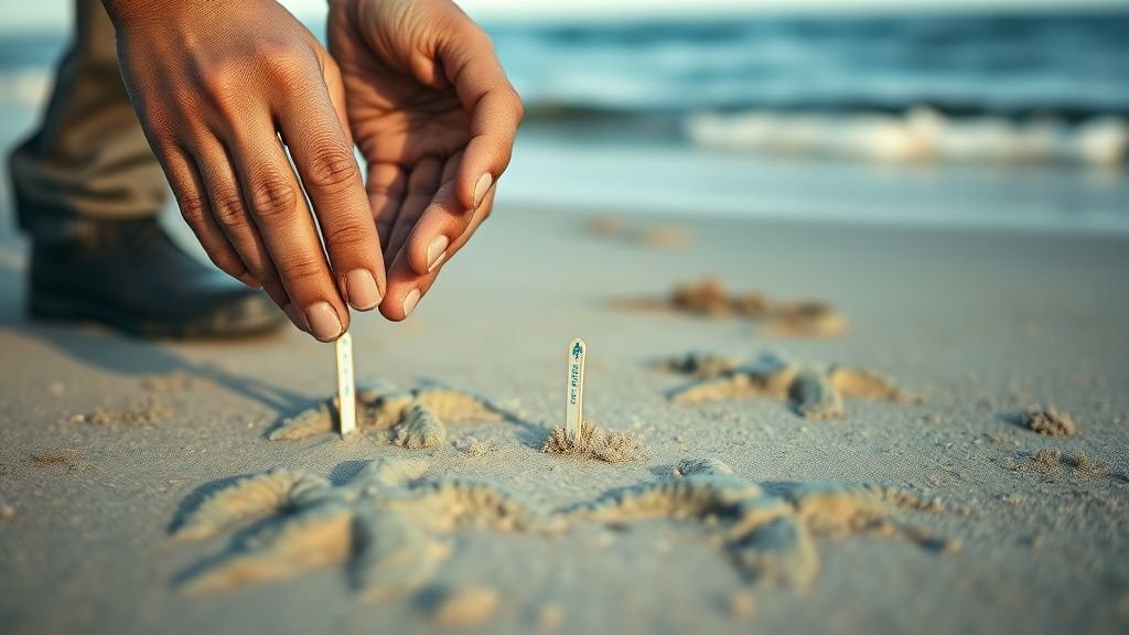Mains de bénévoles plaçant des repères dans le sable près de traces de tortues marines