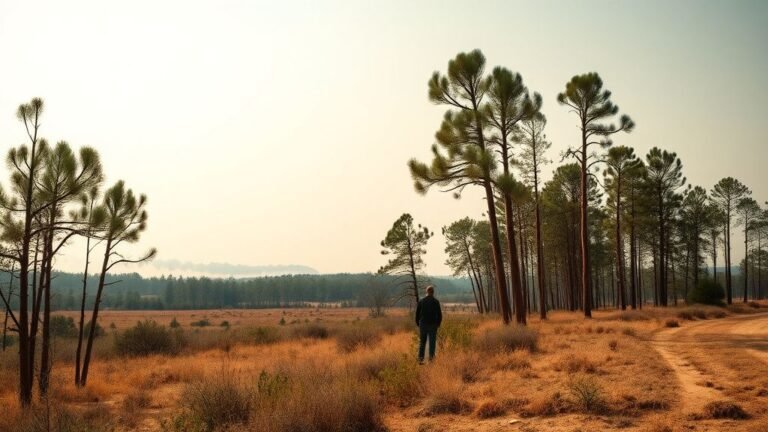 Forêt sèche en lisière de village sous un ciel d’été, avec une légère fumée au loin