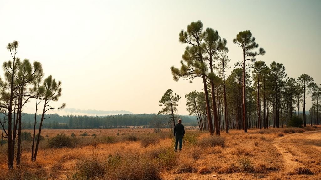 Forêt sèche en lisière de village sous un ciel d’été, avec une légère fumée au loin