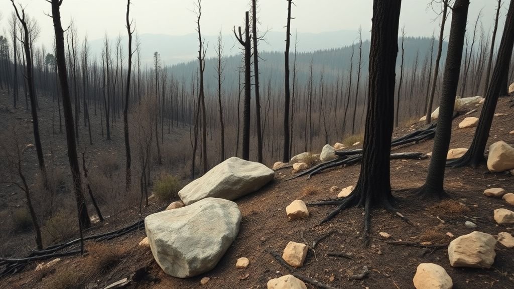 Forêt brûlée avec troncs noircis et rochers de grès sous une légère brume