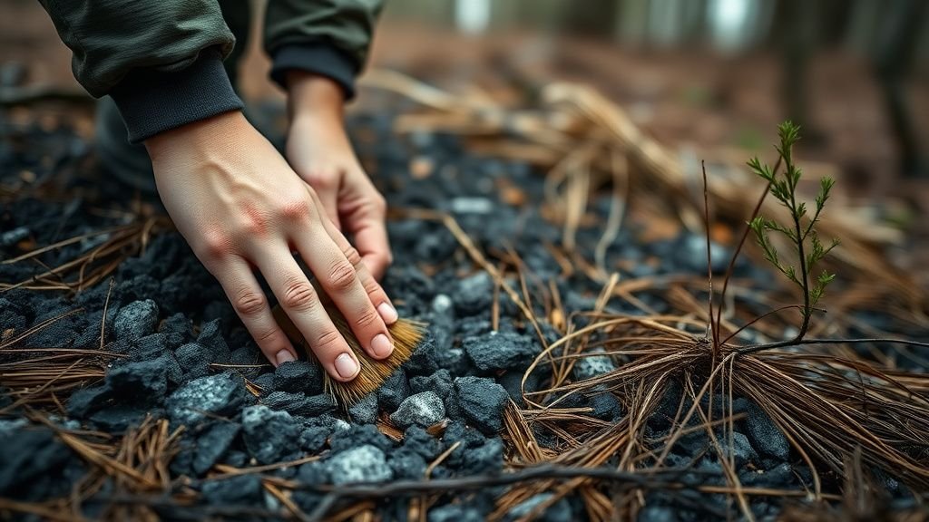 Mains effleurant un sol forestier couvert de cendres avec de jeunes pousses