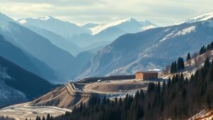 Chantier discret dans une vallée alpine avec forêt en lisière et reliefs enneigés au loin