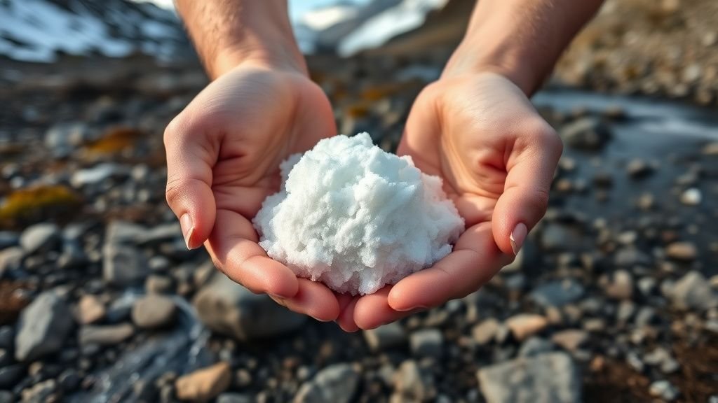 Mains tenant de la neige au-dessus d’un sol rocailleux près d’un ruisseau de montagne