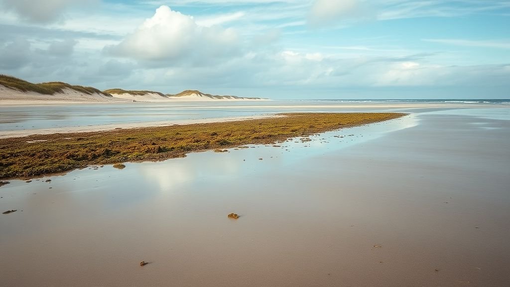 Bande de laisse de mer sur une plage calme avec dunes et lumière naturelle
