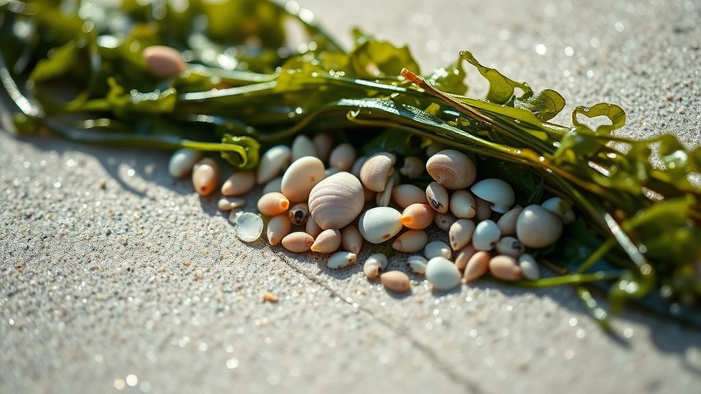 Gros plan sur la laisse de mer avec coquillages et petits organismes sur le sable