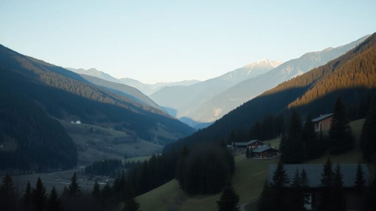 Vallée de montagne avec quelques maisons dispersées et des pentes boisées sous lumière naturelle