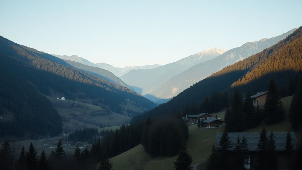 Vallée de montagne avec quelques maisons dispersées et des pentes boisées sous lumière naturelle