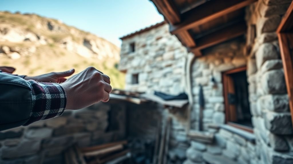Mains rénovant une vieille maison en pierre dans un village de montagne, avec poutres et outils