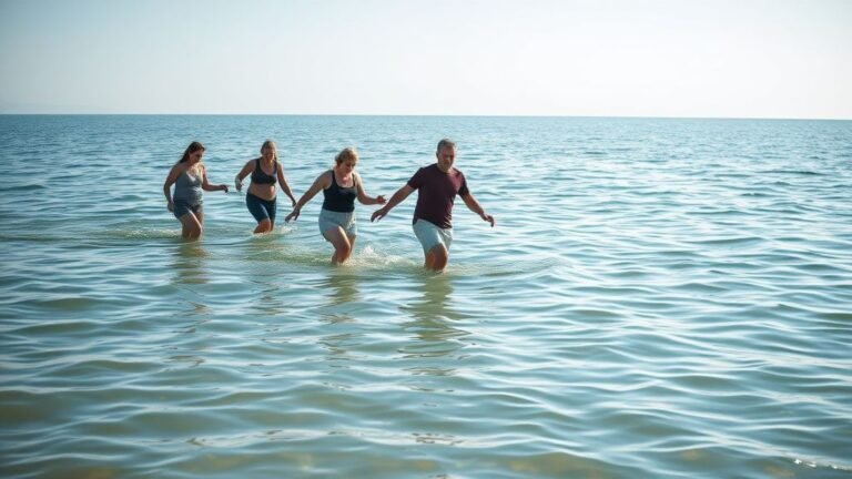 Groupe en marche aquatique dans une eau peu profonde au bord de la Méditerranée, lumière naturelle du matin