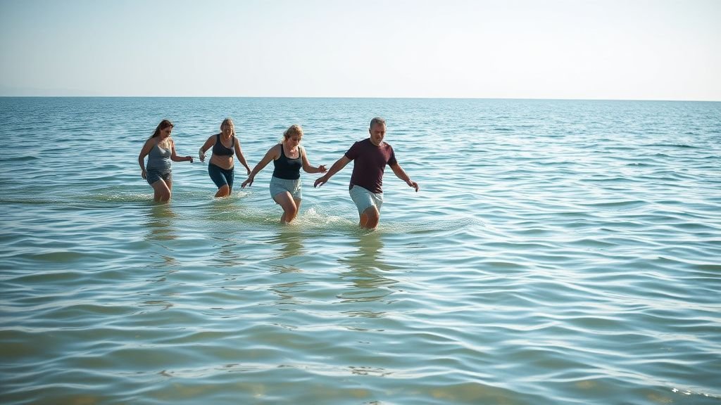 Groupe en marche aquatique dans une eau peu profonde au bord de la Méditerranée, lumière naturelle du matin