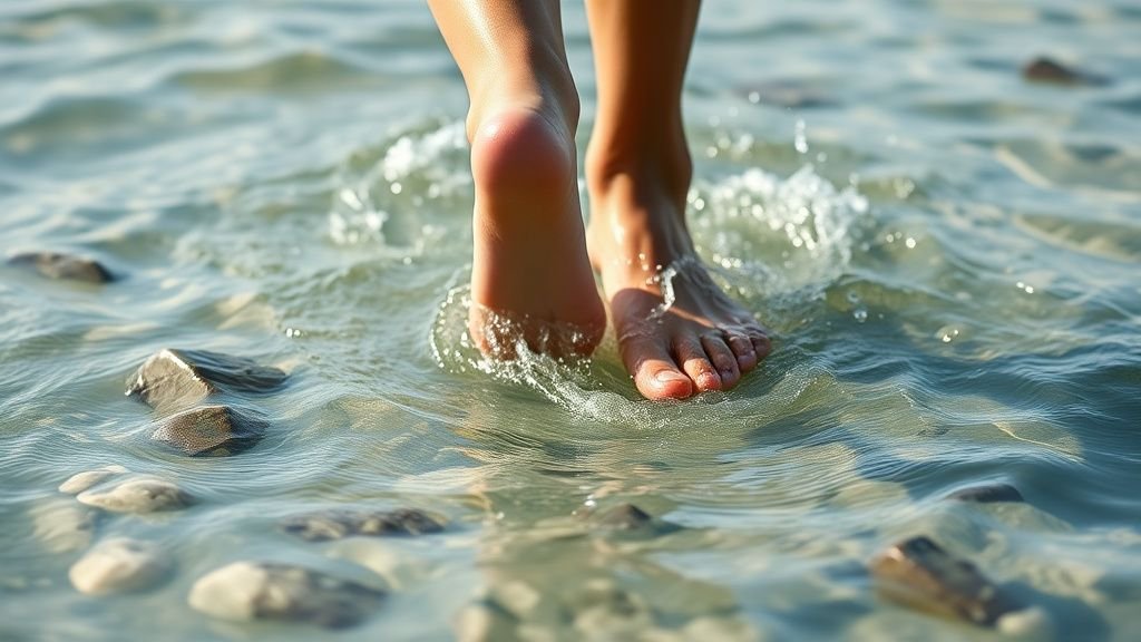 Pieds avançant dans l’eau de mer claire, avec des ripples et des galets visibles sous la surface