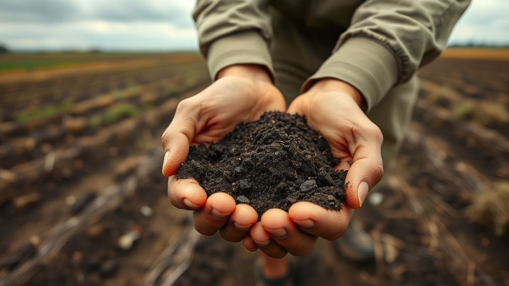 Mains tenant une poignée de terre agricole près d’un champ, ambiance rurale et lumière naturelle