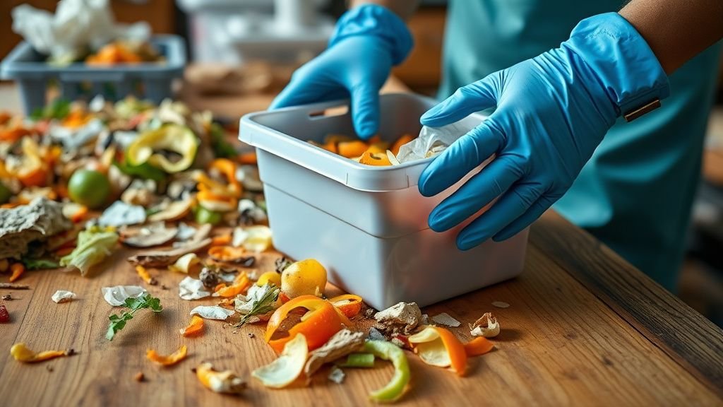 Mains triant des déchets organiques sur une table en bois dans un atelier, sous lumière naturelle