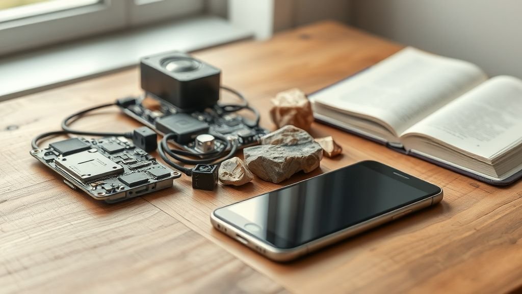Composants électroniques et smartphone générique posés près de pierres brutes sous lumière naturelle