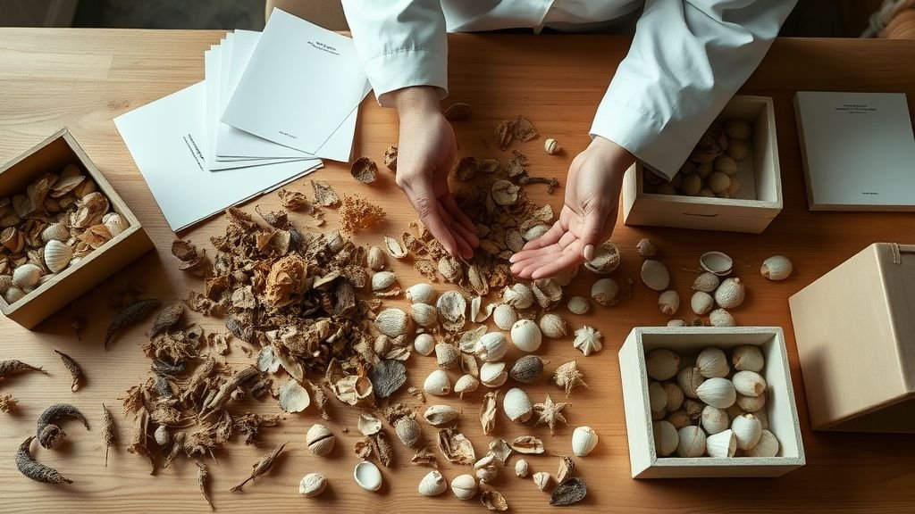 Mains triant des échantillons naturels et des archives scientifiques sur une table en bois