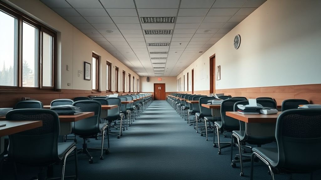 Couloir de bureau administratif vide avec chaises et dossiers, lumière naturelle et atmosphère de flou institutionnel