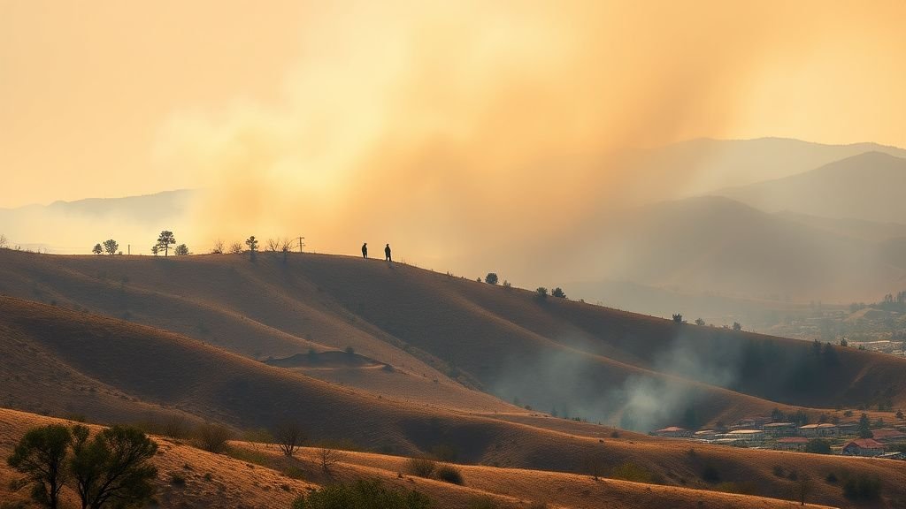 Fumée d’incendie au-dessus d’une colline sèche avec silhouettes de pompiers au loin