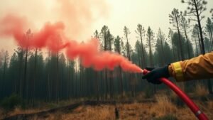 Pompiers utilisant un retardant rouge près d’une lisière de forêt sous une lumière fumée