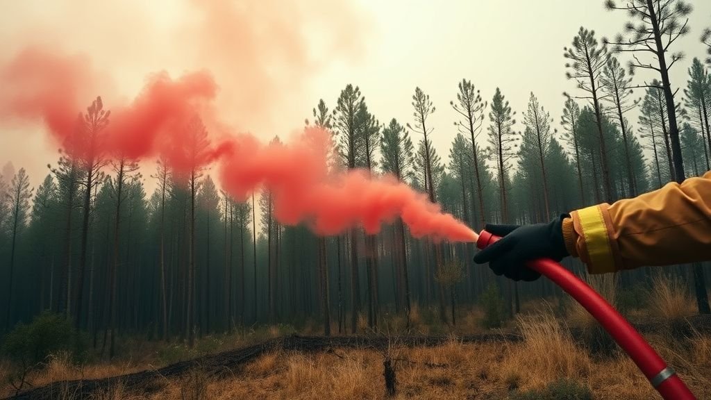 Pompiers utilisant un retardant rouge près d’une lisière de forêt sous une lumière fumée