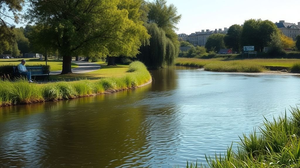 Rivière ombragée en bord de ville avec végétation dense et lumière naturelle