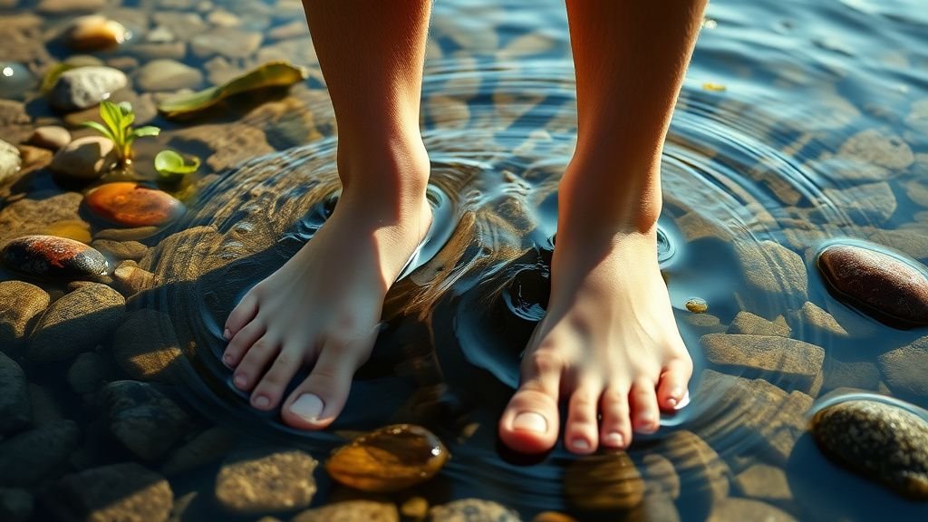 Pieds dans l’eau peu profonde d’une rivière claire avec galets et plantes aquatiques