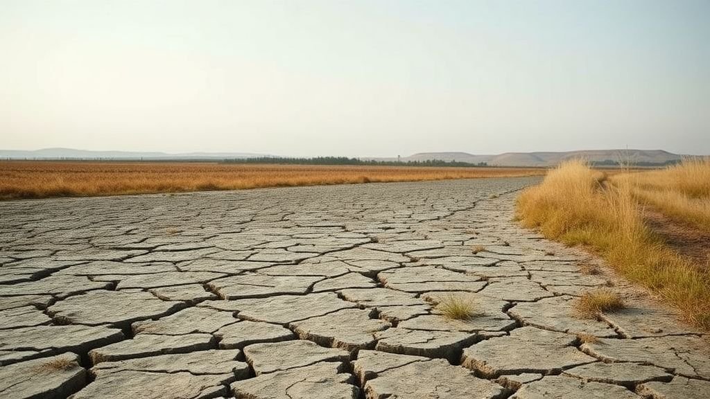 Lit de rivière asséché en France avec sols craquelés et végétation rare sous ciel d’été