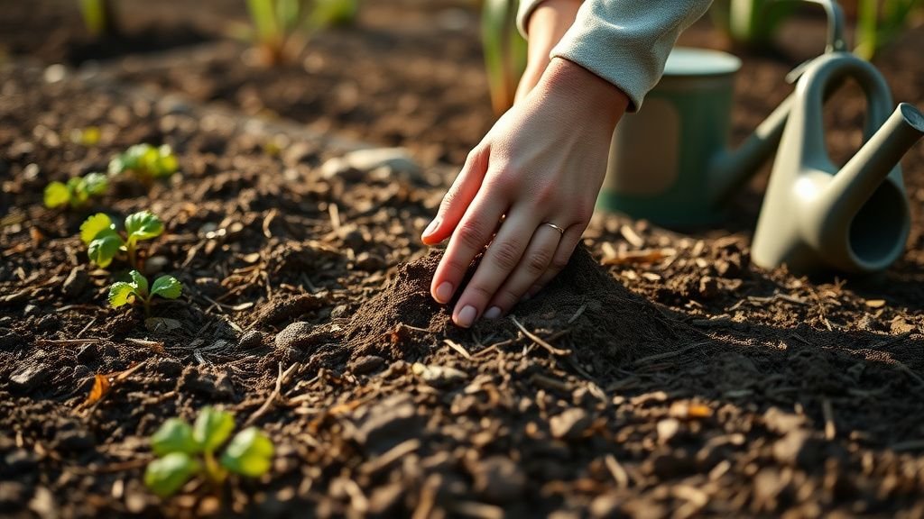Mains observant un sol sec dans un potager paillé avec arrosoir sous lumière naturelle