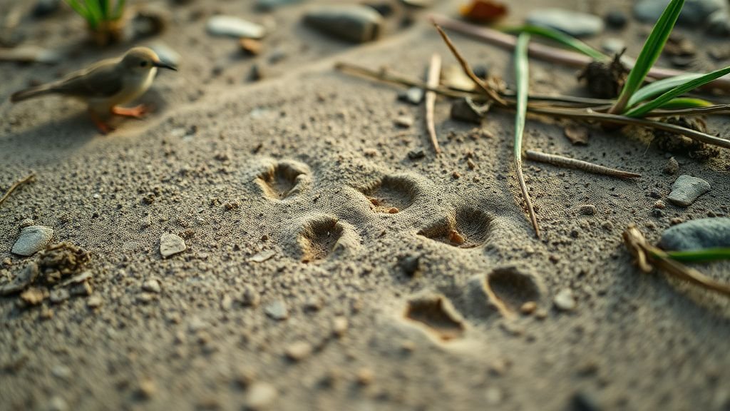 Traces et présence discrète d’animaux dans un milieu naturel, avec une ambiance documentaire