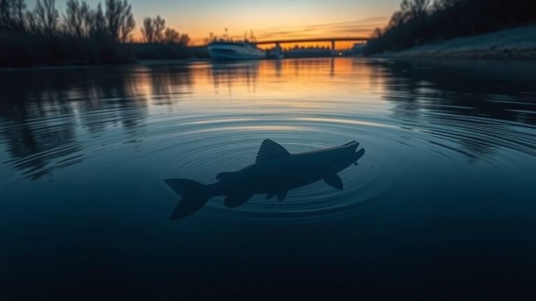 Silhouette d’un silure sous la surface d’une rivière calme au crépuscule, avec roseaux sur la berge