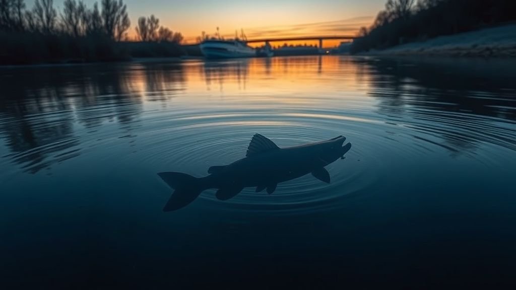 Silhouette d’un silure sous la surface d’une rivière calme au crépuscule, avec roseaux sur la berge