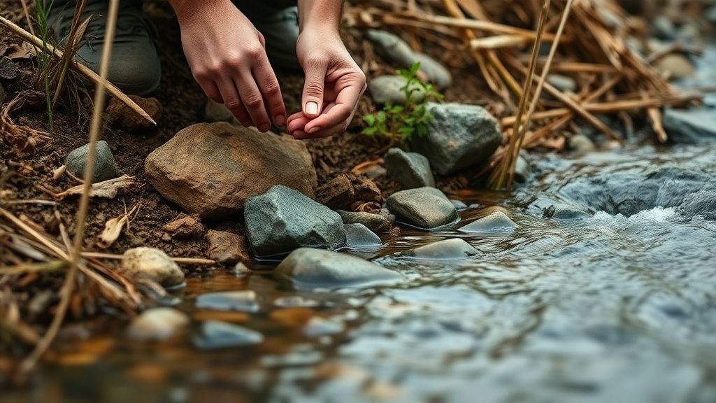 Mains aménageant une berge de rivière avec des pierres et des plantes aquatiques sous lumière naturelle